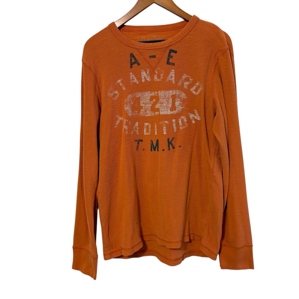 Vintage American Eagle Mens XL Orange Graphic Long Sleeve Thermal Top Grunge Y2K